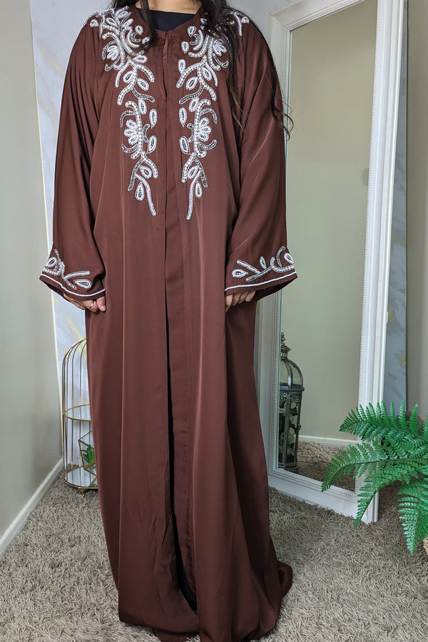 Brown Abaya with Crystal Pearl Embellishment