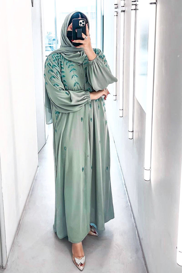 Sage Abaya With Emerald Detail