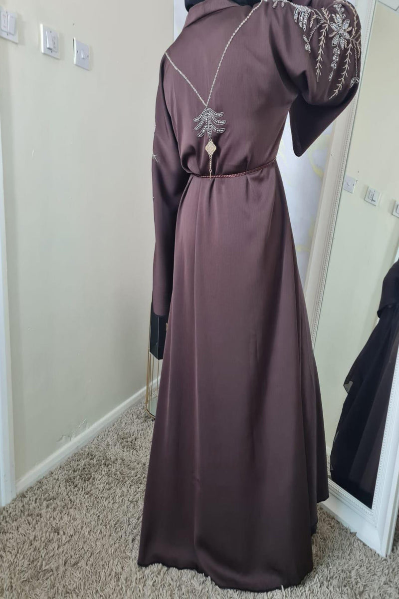 chocolate Brown beaded Abaya with flounce sleeves