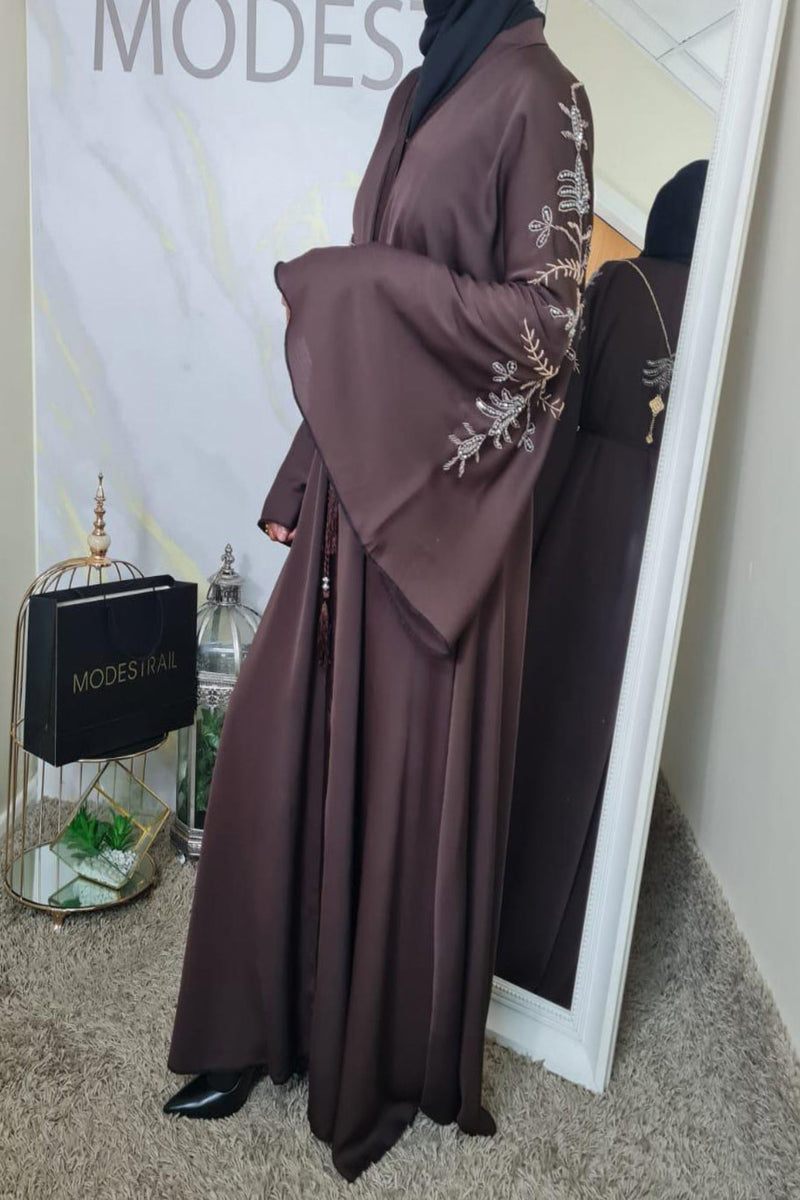 chocolate Brown beaded Abaya with flounce sleeves