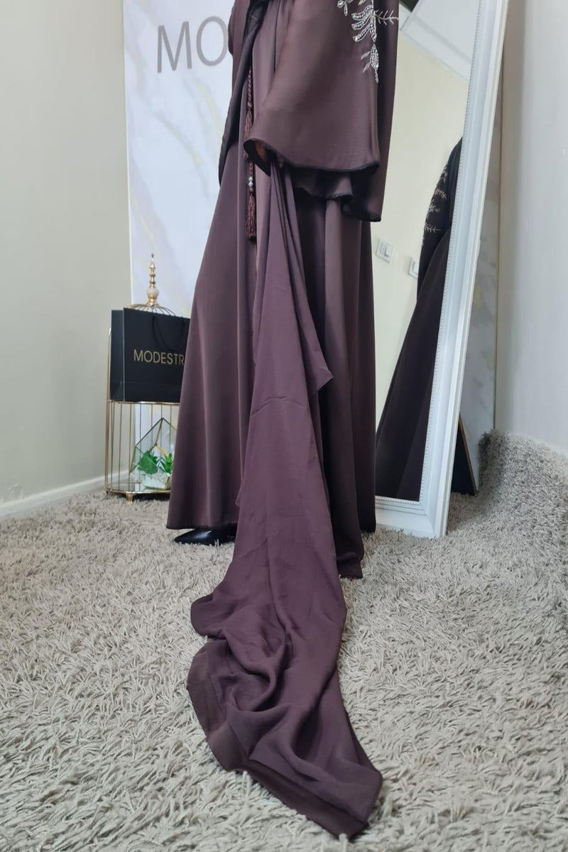 chocolate Brown beaded Abaya with flounce sleeves