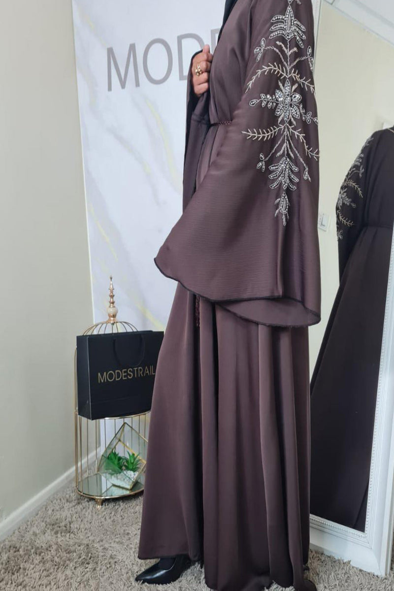 chocolate Brown beaded Abaya with flounce sleeves