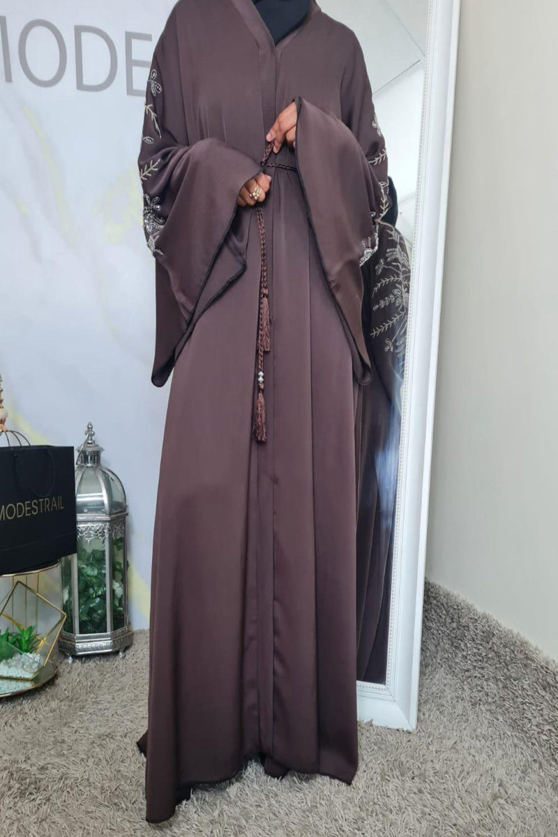 chocolate Brown beaded Abaya with flounce sleeves
