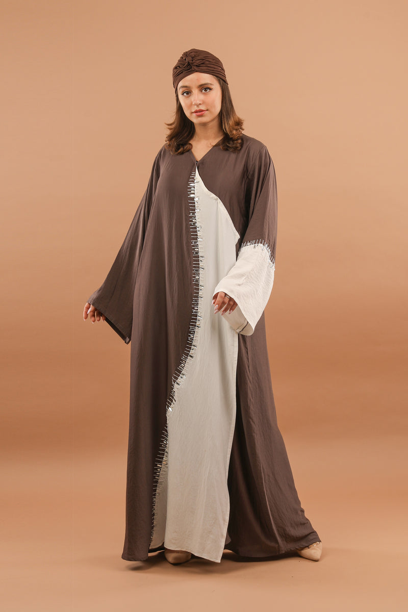 Brown & White Wrap Abaya