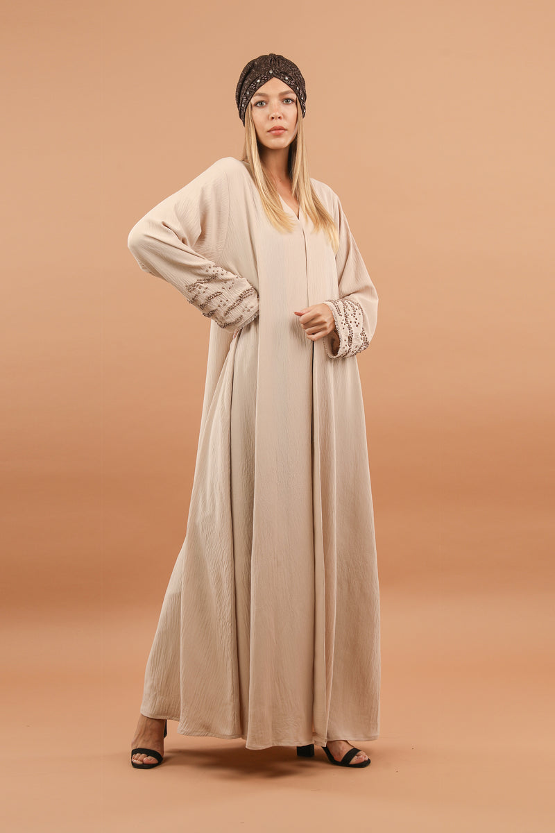 Beige Abaya with Mink Beaded Sleeves