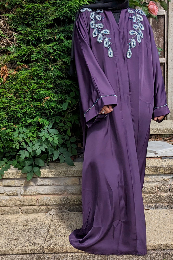 Purple Paisley Pearl and Bead Leaf Abaya