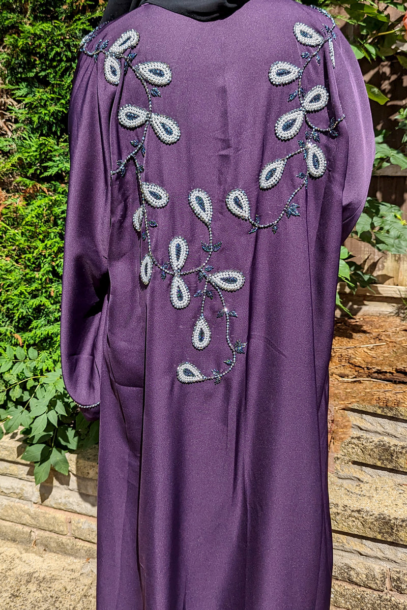 Purple Paisley Pearl and Bead Leaf Abaya
