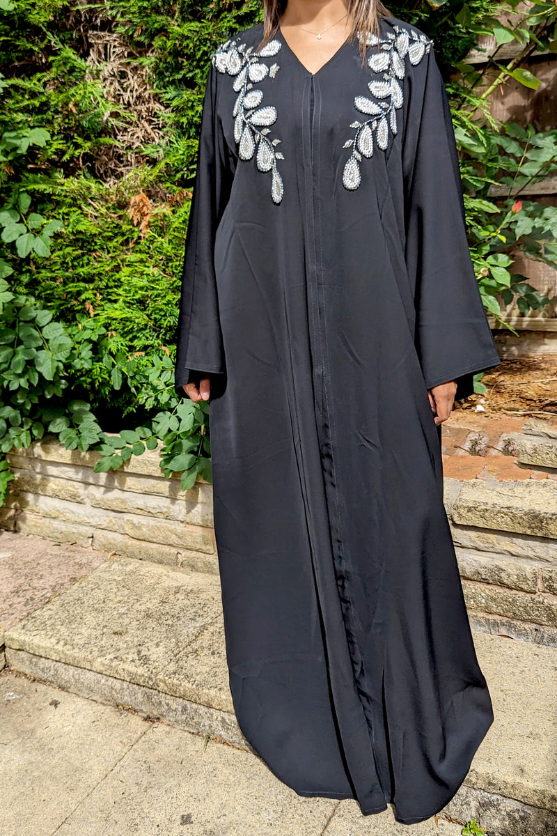 Black Paisley Pearl and Bead Leaf Abaya