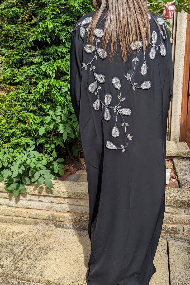 Black Paisley Pearl and Bead Leaf Abaya