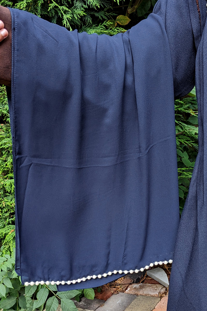 Blue with Brown Abaya with Pearls and Beadwork