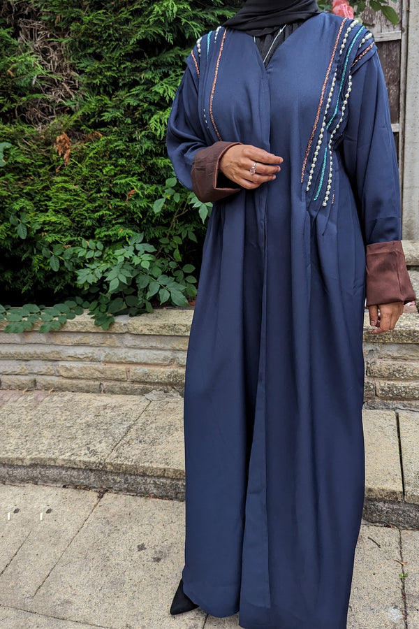 Navy with Brown Abaya with Pearls and Beadwork