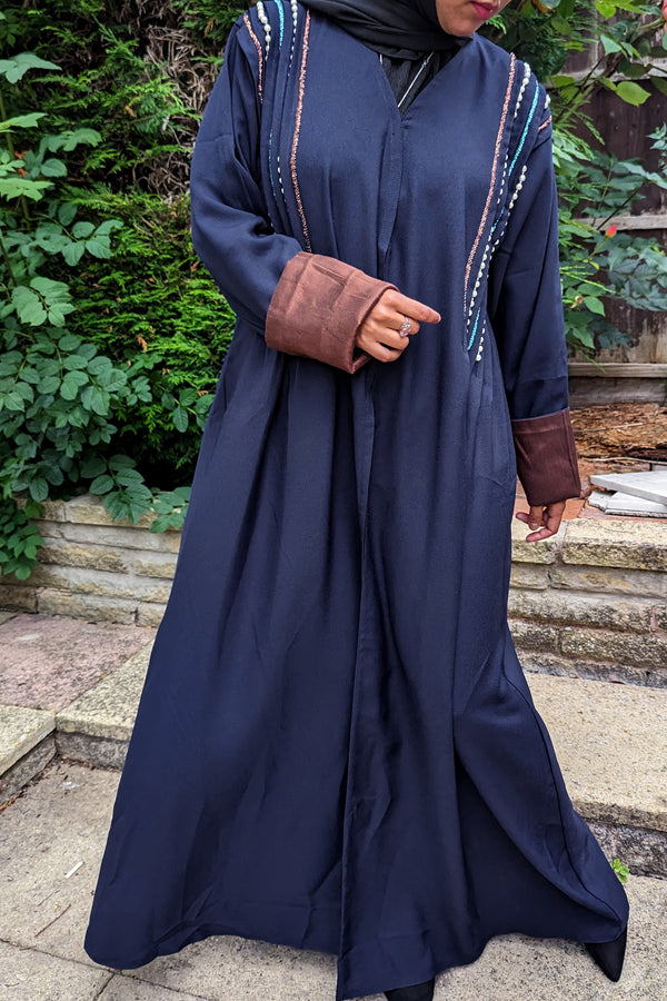 Navy with Brown Abaya with Pearls and Beadwork