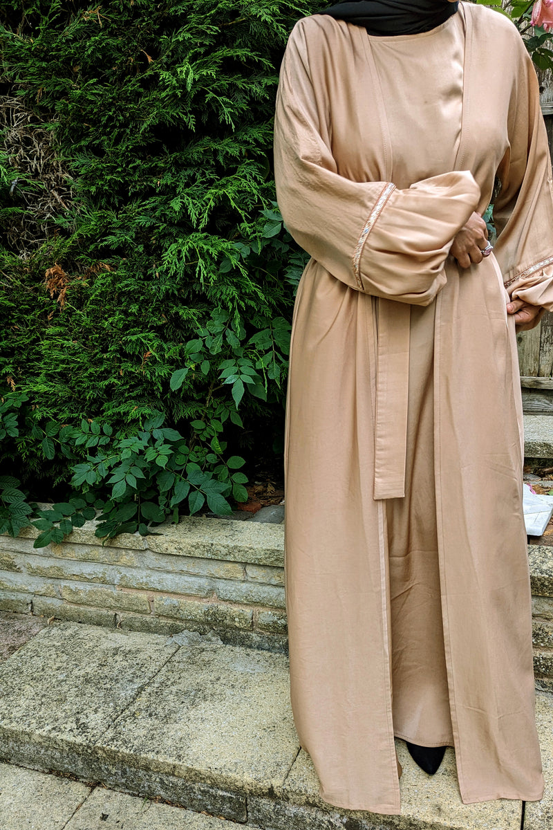 Nude Pink 3 Piece Abaya with Balloon Sleeve