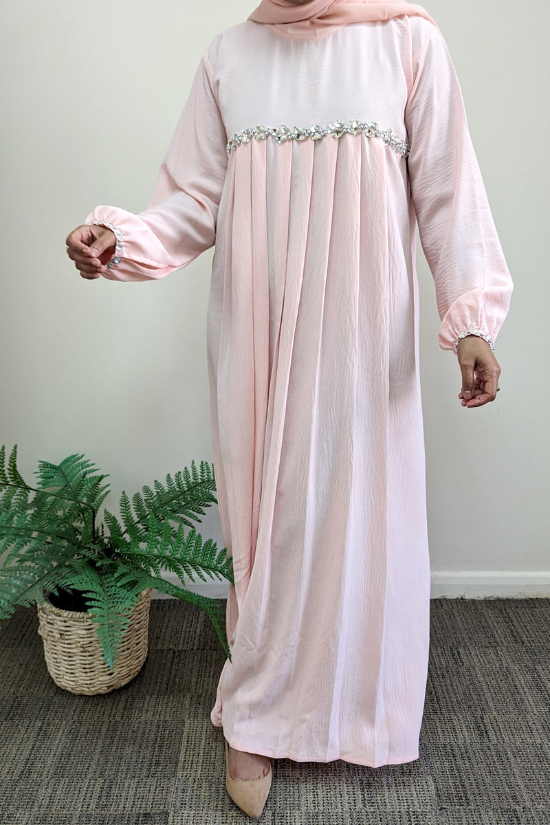 Baby Pink Pleated Gem Detailed Abaya