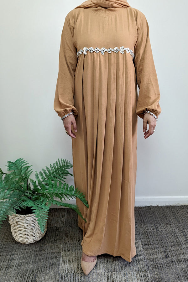 Tan Pleated Gem Detailed Abaya