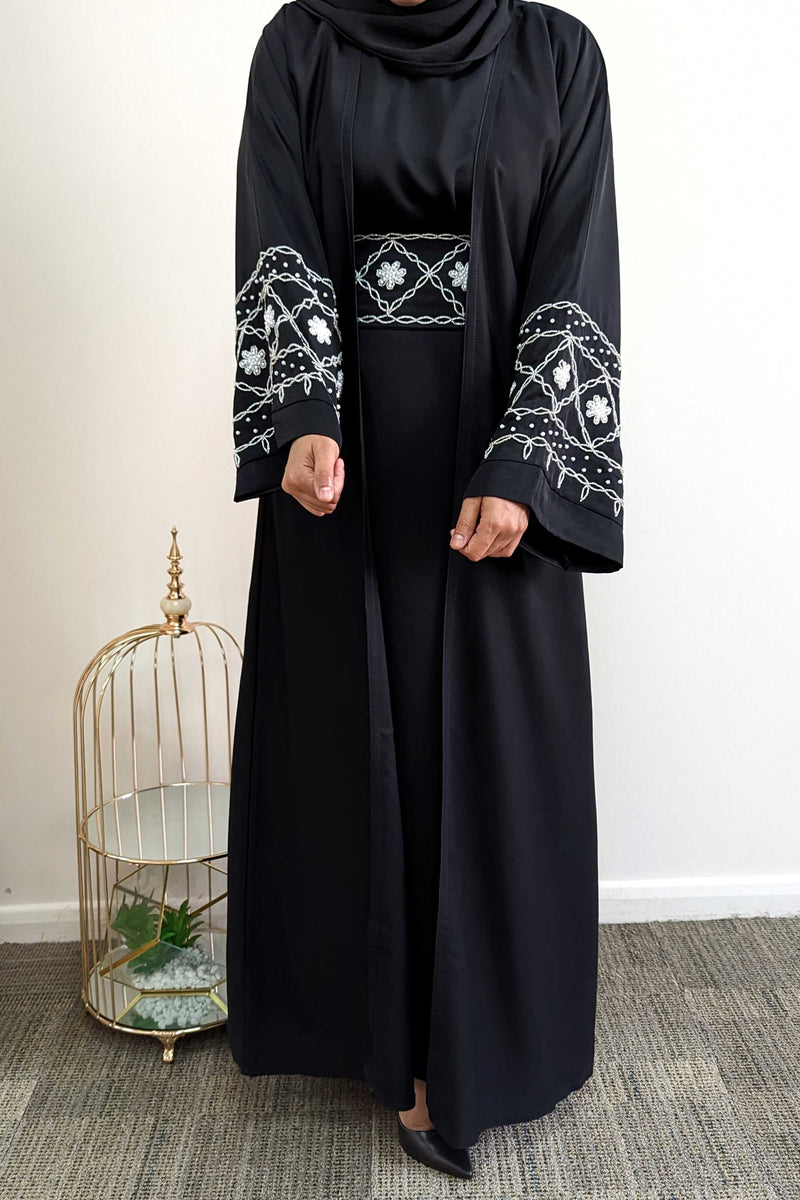 Floral beaded Pearl  4 Piece Abaya