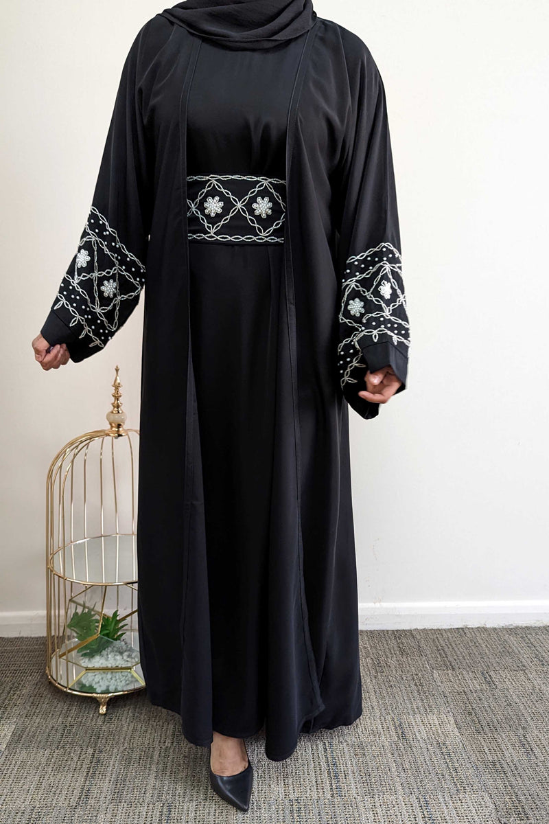 Floral beaded Pearl  4 Piece Abaya
