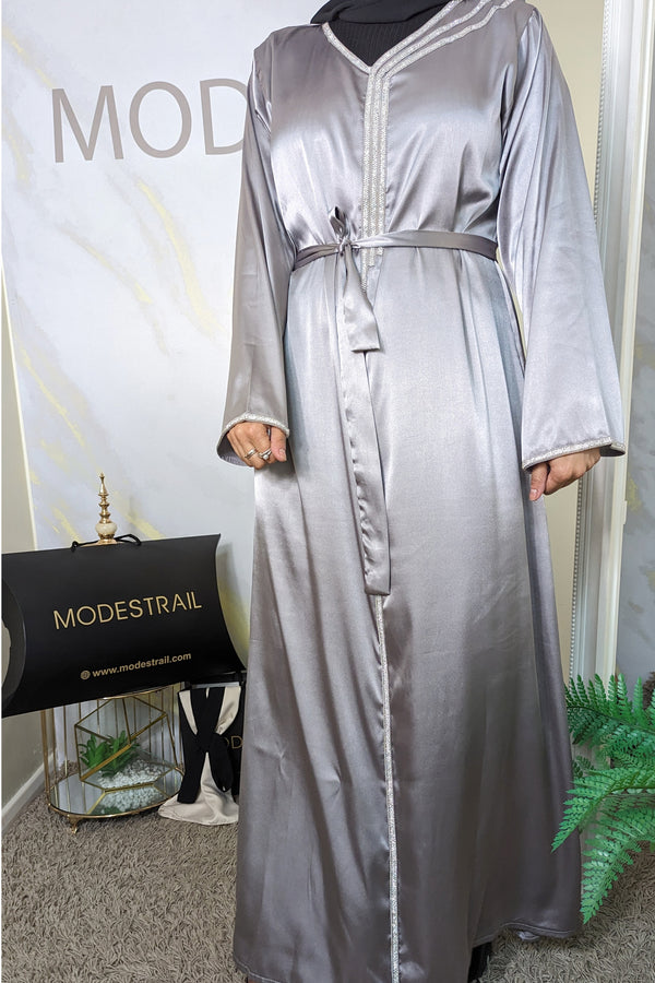 Silver Satin Abaya with Silver Diamante Detail