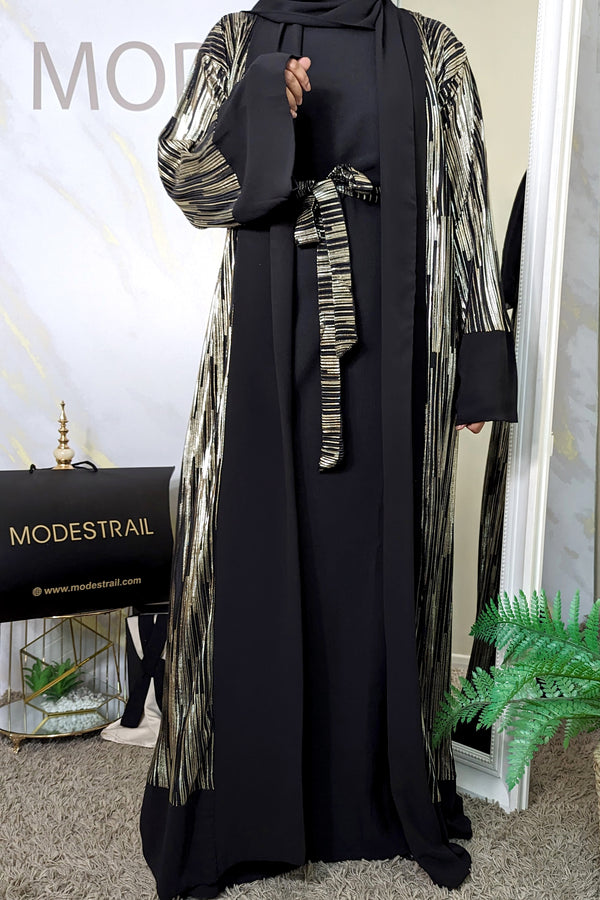 Black Abaya with Gold Shimmer Stripes