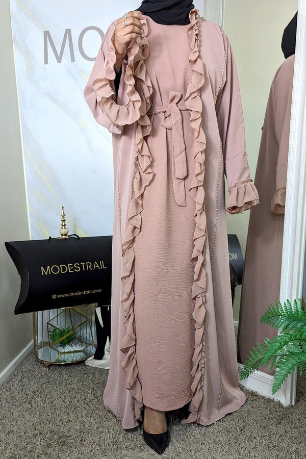 Pink Frill with Light Beadwork Abaya