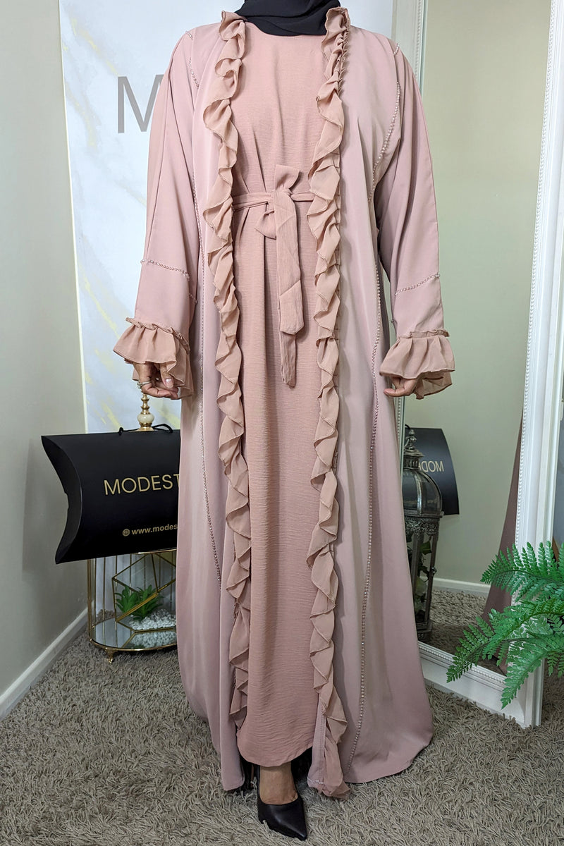 Pink Frill with Light Beadwork Abaya