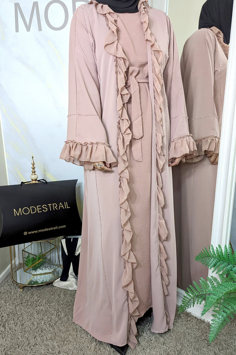 Pink Frill with Light Beadwork Abaya