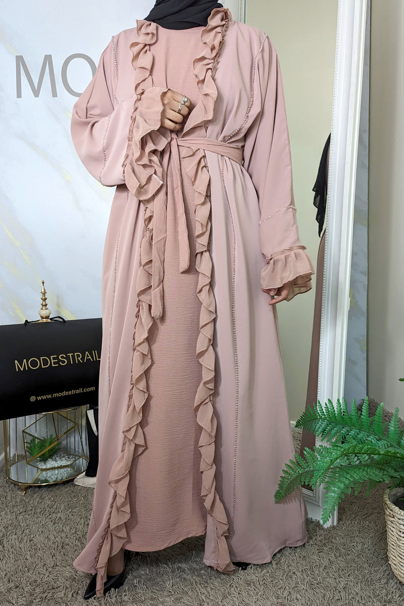 Pink Frill with Light Beadwork Abaya