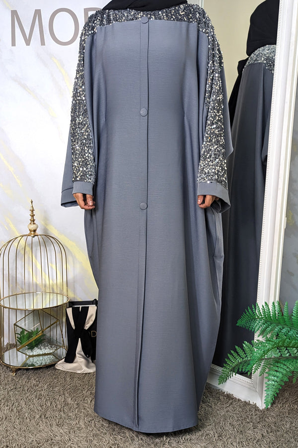 Grey Sequin Velvet Shoulder Abaya