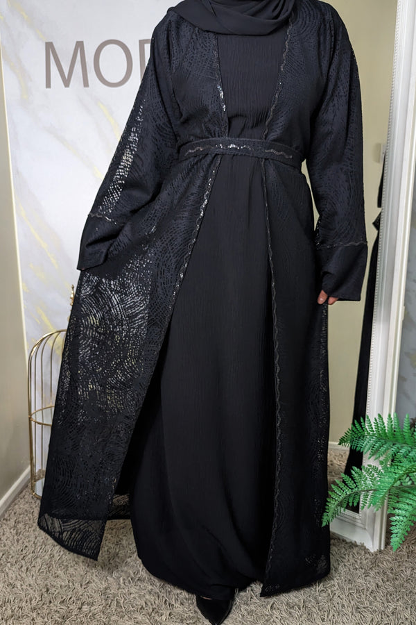 Black 2 Piece Net Abaya with Black Diamante