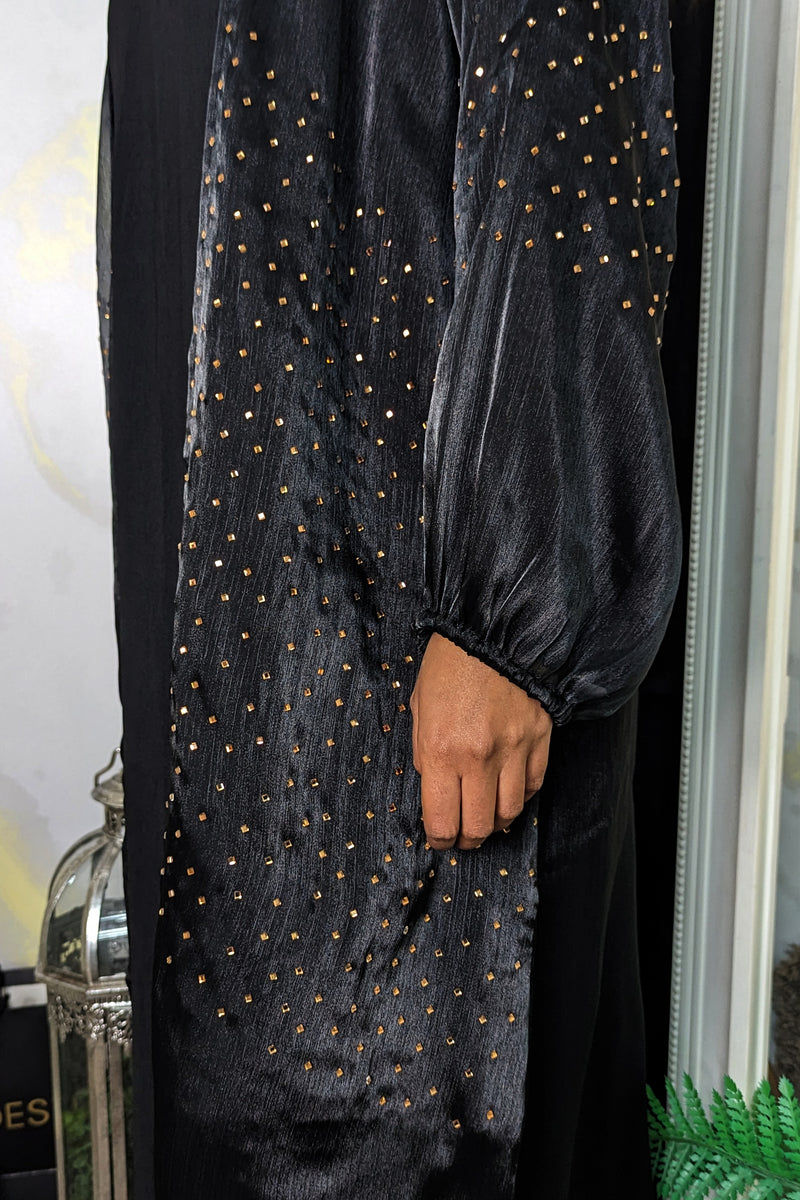 Black Shimmer Abaya with Bronze Diamante