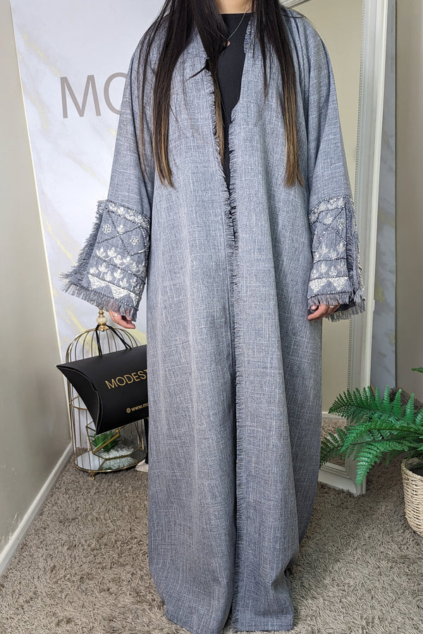 Grey Beaded Linen Abaya