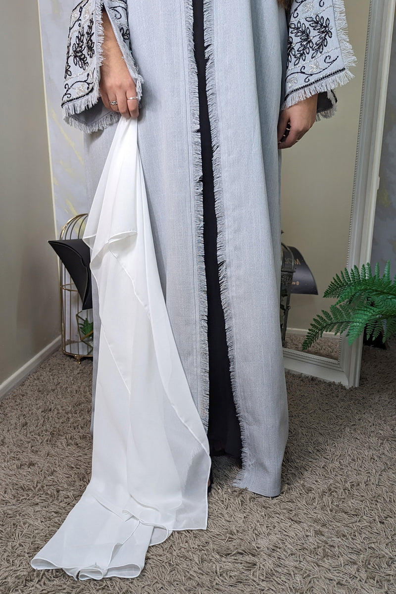 Light Grey Beaded Linen Abaya