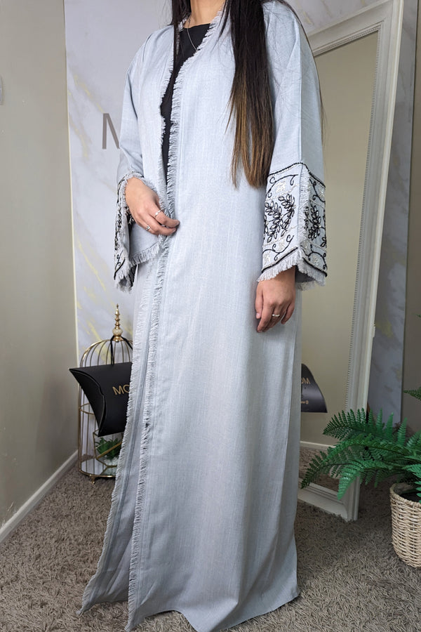 Light Grey Beaded Linen Abaya