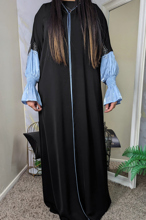 Sky Blue Puff Sleeve Black Abaya