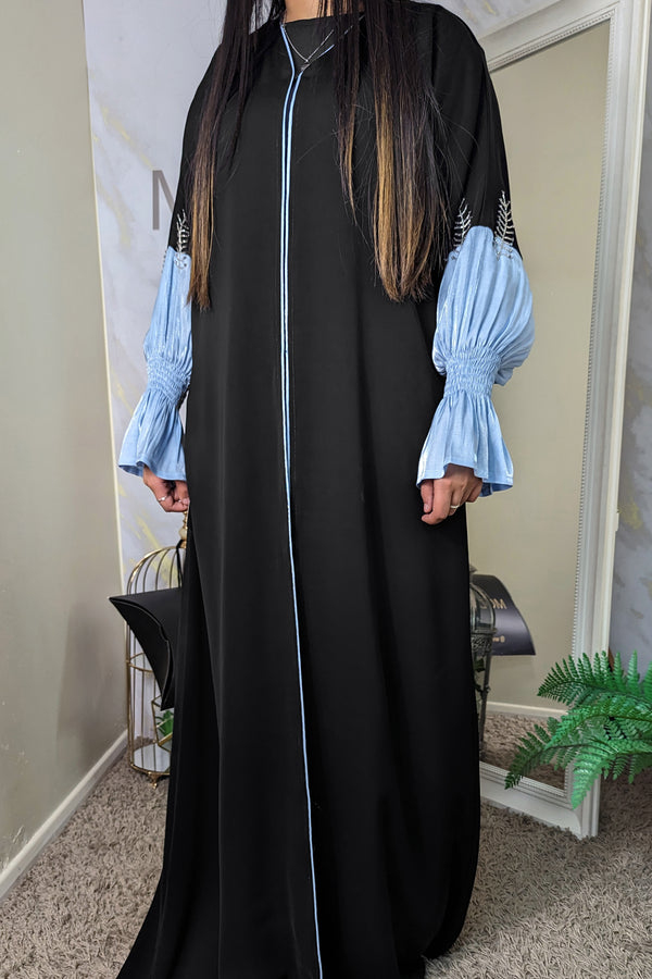 Sky Blue Puff Sleeve Black Abaya