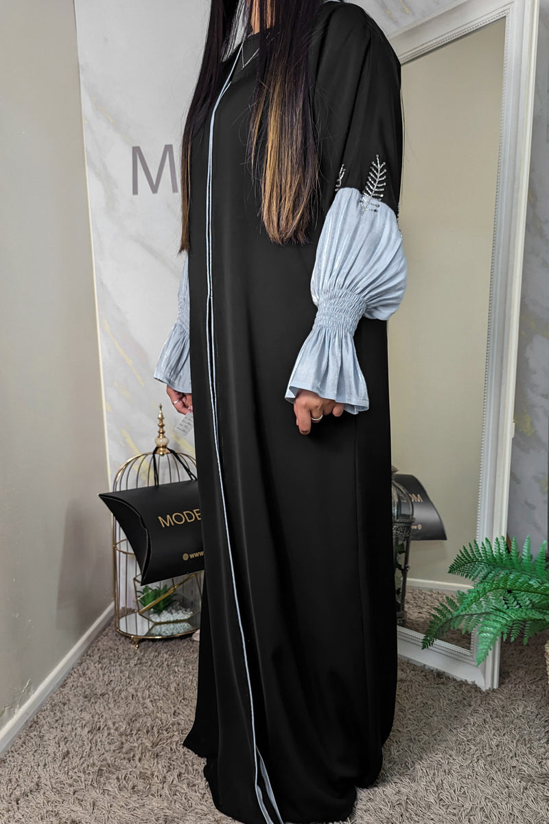 Grey Puff Sleeve Black Abaya