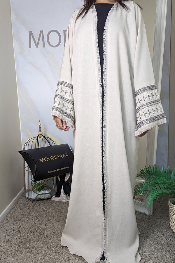 Cream Beaded Linen Abaya