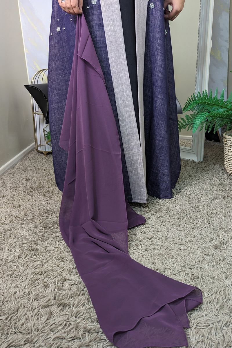 Purple Crystal Detailed Linen Abaya