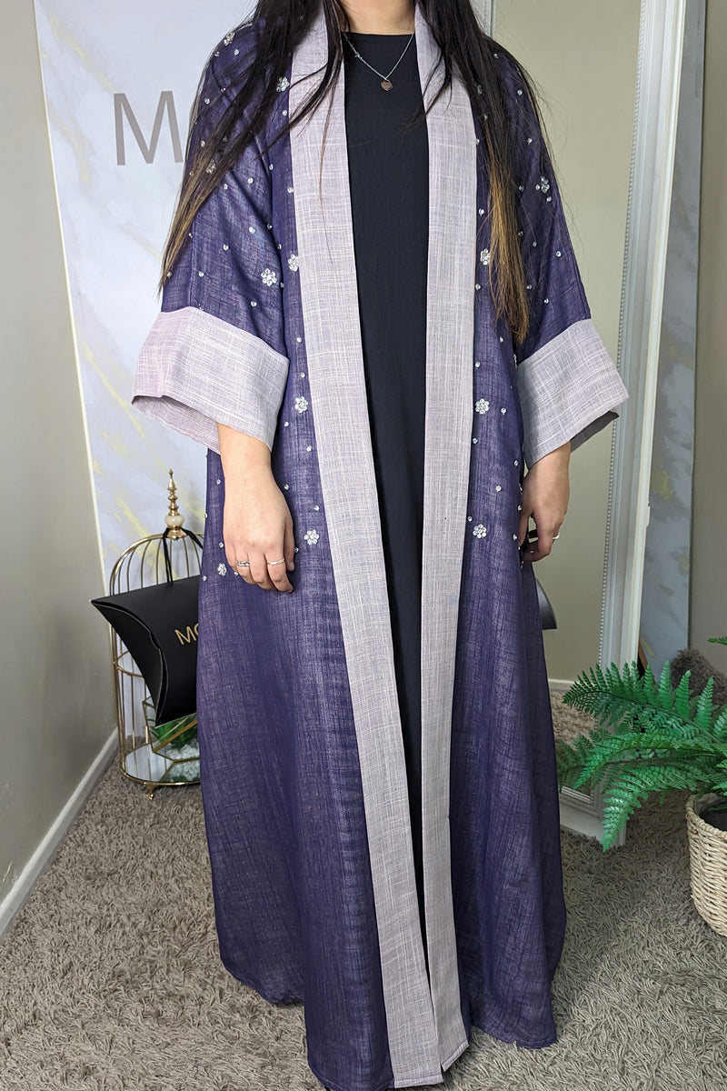 Purple Crystal Detailed Linen Abaya