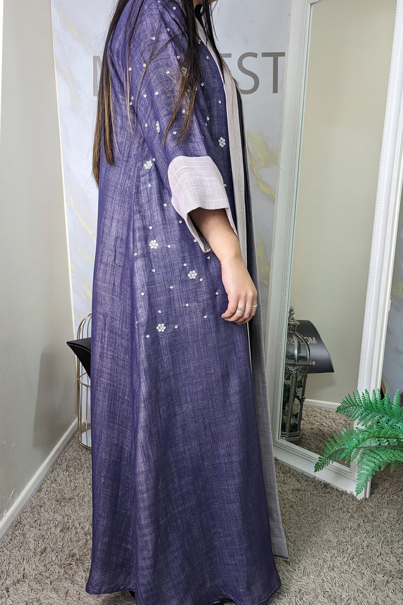 Purple Crystal Detailed Linen Abaya