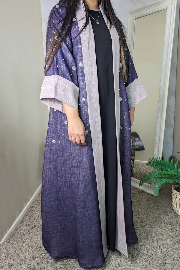 Purple Crystal Detailed Linen Abaya