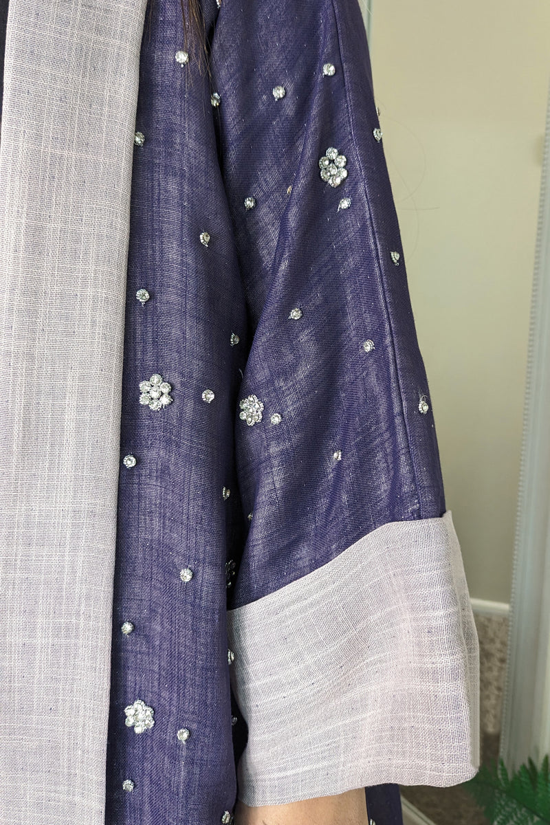 Purple Crystal Detailed Linen Abaya