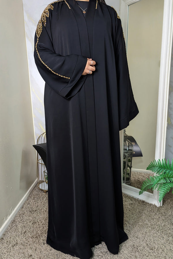 Black Abaya with Gold Shoulder Beadwork