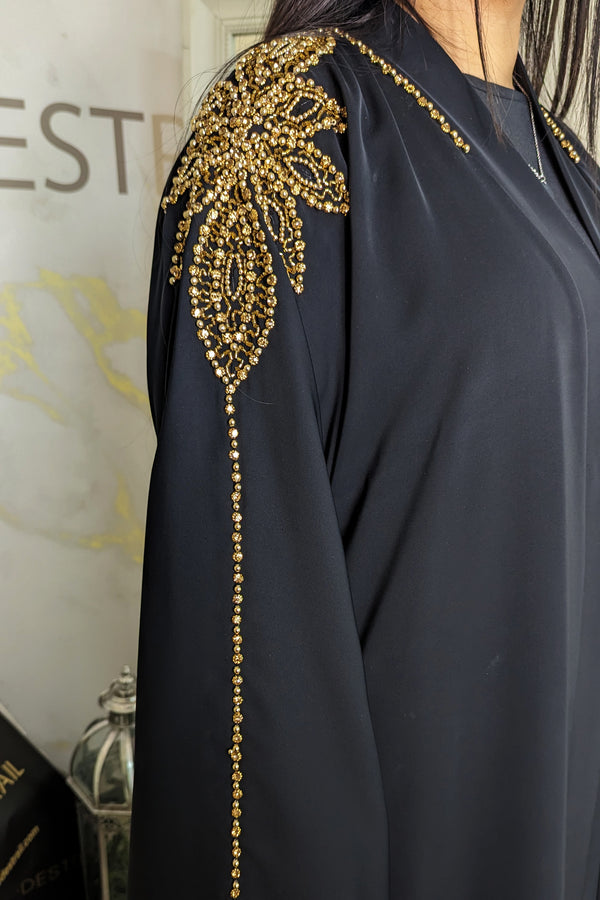 Black Abaya with Gold Shoulder Beadwork