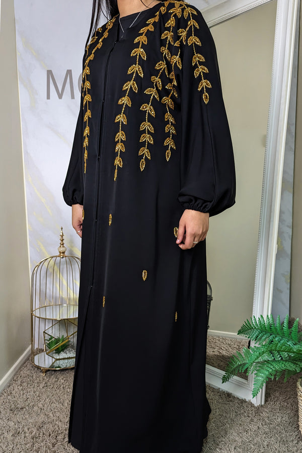 Black Abaya with Gold Leaf Details