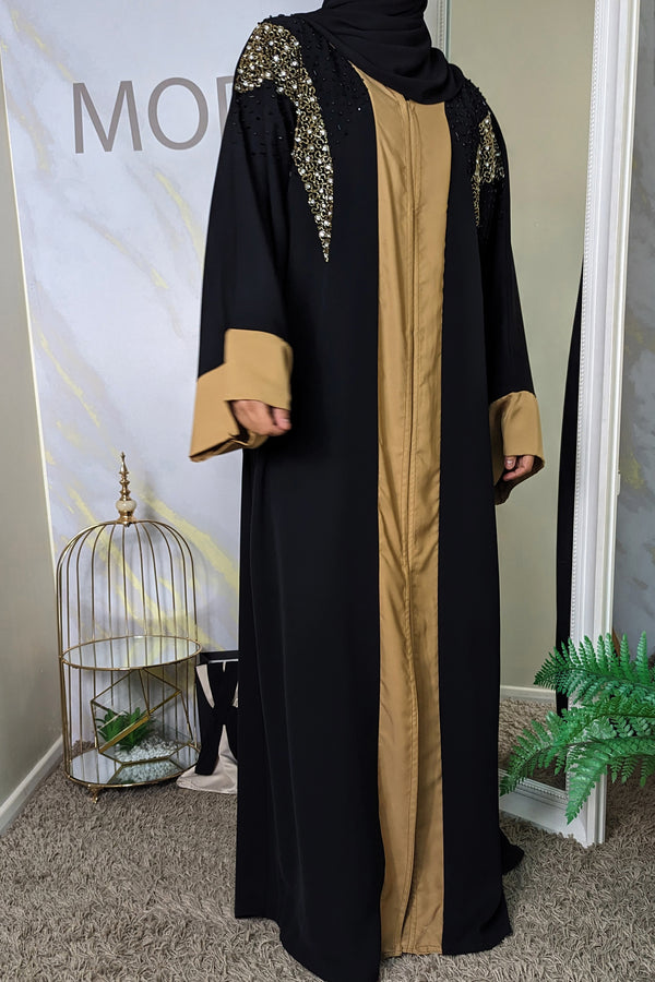 Black Abaya with Gold Contrast and Black Beadwork