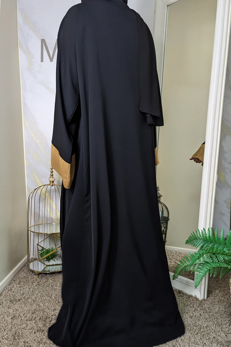 Black Abaya with Gold Contrast and Black Beadwork