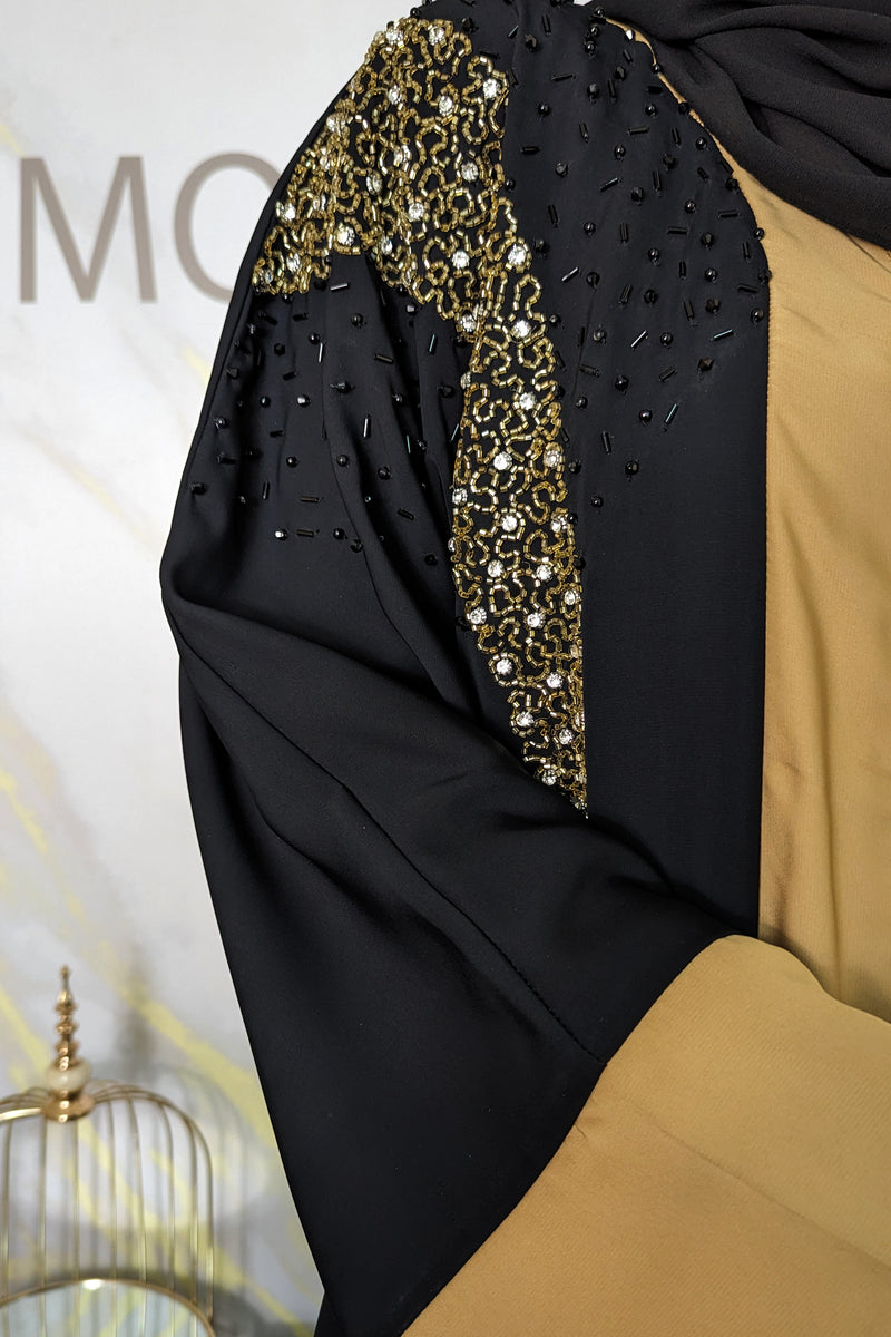 Black Abaya with Gold Contrast and Black Beadwork