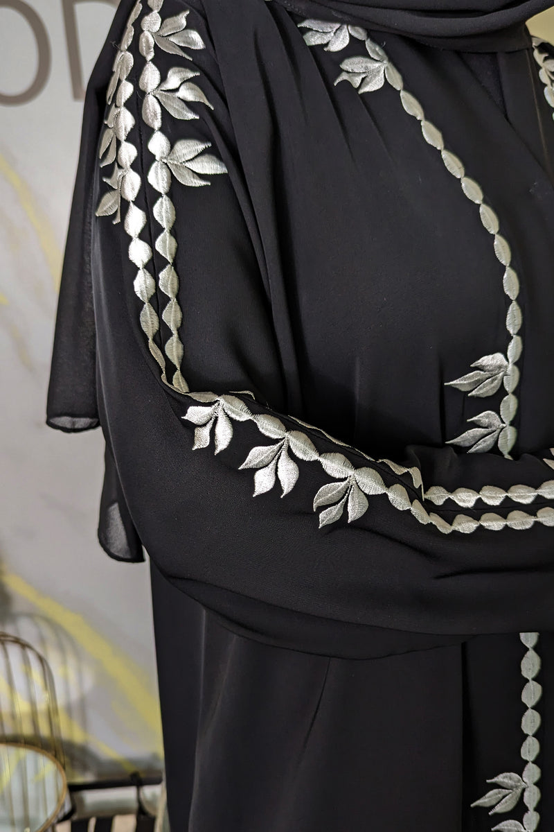 Black Abaya with White Floral Embroidery