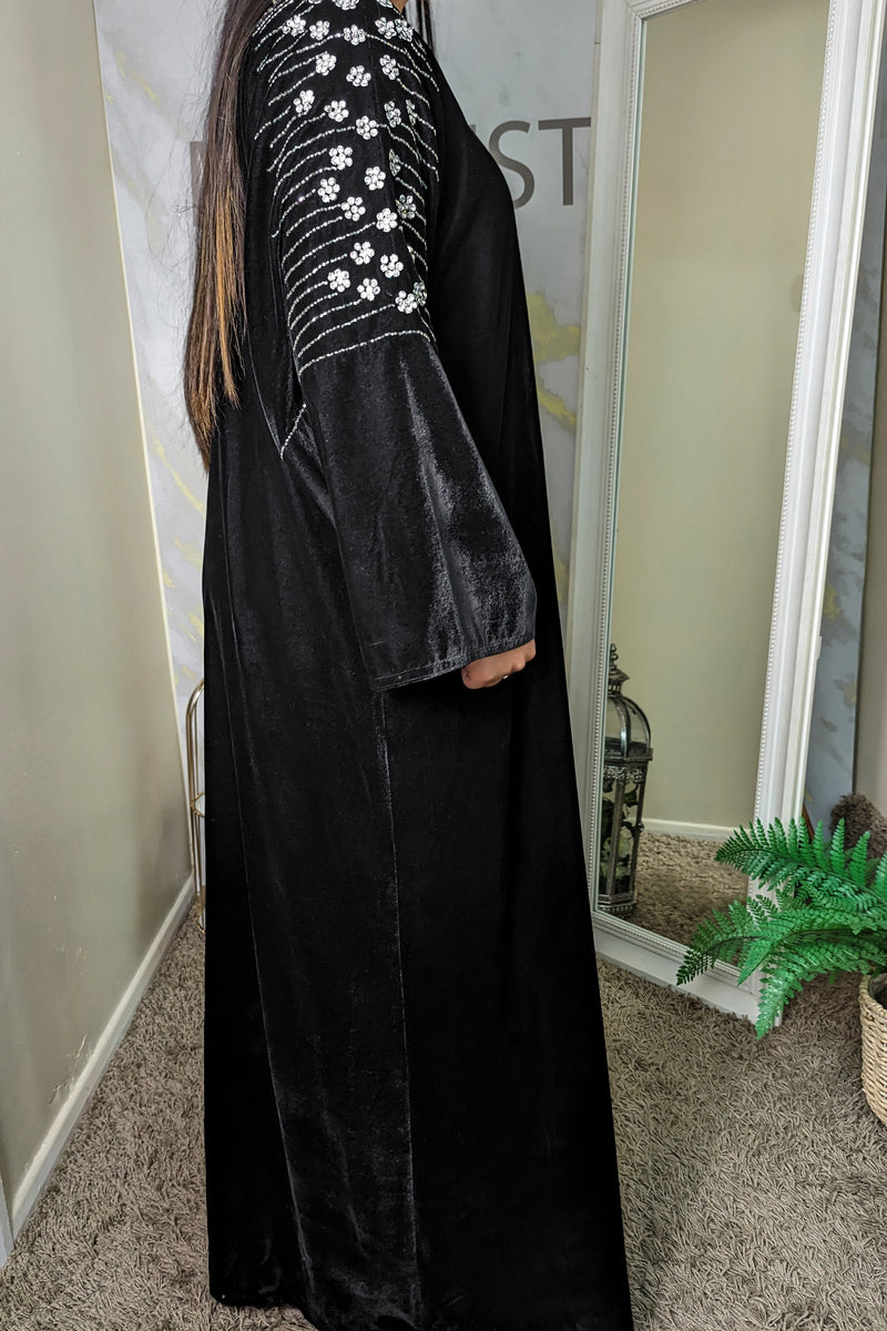 Black Velvet Silver Florals Abaya